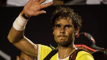 Rafael Nadal of Spain reacts to crowd after losing against Pablo Cuevas of Uruguay in the men&#039;s singles semi-final of the 2016 Rio Open tennis tournament in Rio de Janeiro, Brazil, on Februrary 21, 2016.