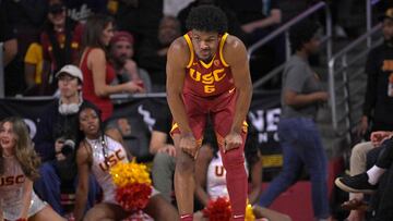 Bronny James #6 of the USC Trojans looks on as the clocks ticks down as they losing to the UCLA Bruins 65-50 at Galen Center on January 27, 2024 in Los Angeles, California.