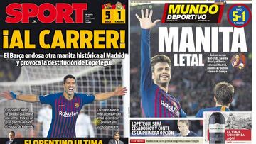 Portadas de Sport y Mundo Deportivo del 29 de octubre de 2018 con Luis Suárez y Gerard Piqué como protagonistas tras la manita del Barcelona al Real Madrid en el Clásico tras ganar por 5-1.