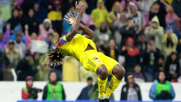 America's French forward #97 Allan Saint-Maximin celebrates after scoring his team's third goal during the Liga MX Apertura football match between Atlas and America at the Jalisco Stadium in Guadalajara, Jalisco state, Mexico on August 24, 2025. (Photo by Ulises Ruiz / AFP)