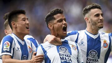 Roberto Rosales of RCD Espanyol celebrates his goal with his teammates during the match between RCD Espanyol vs Real Sociedad of LaLiga, date 38, 2018-2019 season. RCDE Stadium. Barcelona, Spain - 18 may 2019