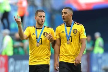 Guess where I'm going | Eden Hazard and Youri Tielemans of Belgium chat after recieving their third place medals after the 2018 FIFA World Cup Russia.