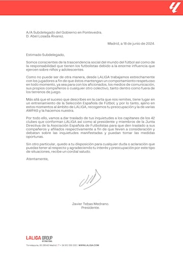 Carta remitida por Javier Tebas a Abel Losada.