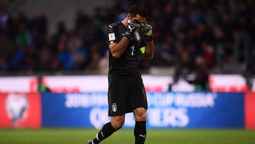 Italy&#039;s goalkeeper Gianluigi Buffon reacts during the FIFA World Cup 2018 qualification football match between Italy and Sweden, on November 13, 2017 at the San Siro stadium in Milan