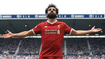 Liverpool&#039;s Egyptian midfielder Mohamed Salah celebrates scoring their second goal during the English Premier League football match between West Bromwich Albion and Liverpool at The Hawthorns stadium in West Bromwich, central England, on April 21, 20