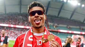 Richard Rios, midfielder of SL Benfica, celebrates with the medal after winning the Portugal Candido de Oliveira Super Cup final football match at the Estadio Algarve in Faro, Portugal, on July 31, 2025. (Photo by Valter Gouveia/NurPhoto via Getty Images)