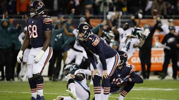 CHICAGO, ILLINOIS - JANUARY 06: Cody Parkey #1 of the Chicago Bears reacts after missing a field goal attempt in the final moments of their 15 to 16 loss to the Philadelphia Eagles in the NFC Wild Card Playoff game at Soldier Field on January 06, 2019 in 