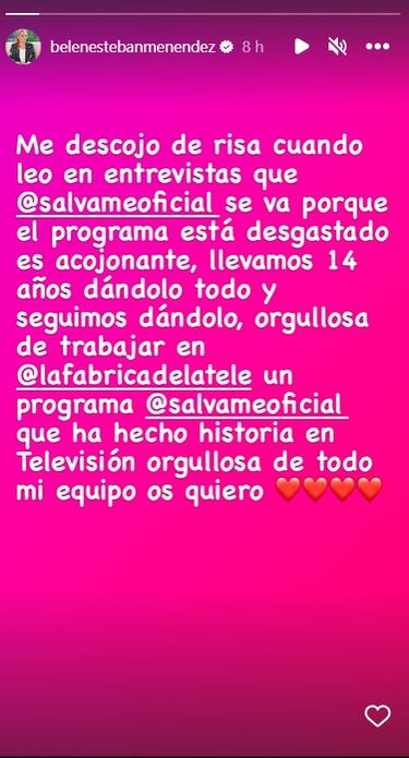 El mensaje de Bel¨¦n Esteban sobre la cancelaci¨®n de ¡®S¨¢lvame¡¯