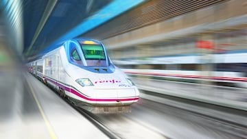 Madrid, Spain - June 08, 2017 : Modern hi-speed passenger train of Spanish Railways Company - Renfe, in movement (motion).