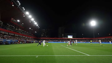 This picture taken on September 14, 2025 shows a view of Johan Cruyff Stadium in Barcelona, during the Spanish league football match between FC Barcelona and Valencia CF. Barcelona FC makes its debut this season on September 14, 2025 at the Johan Cruyff stadium, with 6,000 seats, as the works at Camp Nou stadium are still in progress. (Photo by Lluis GENE / AFP)