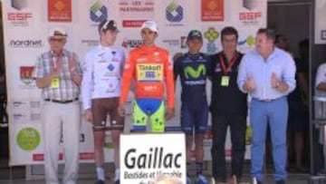 El podio final, con Contador ganador.