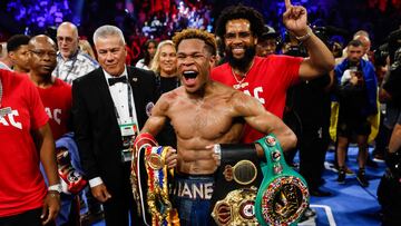 LAS VEGAS, NEVADA - MAY 20: Devin Haney celebrates after defeating Vasyl Lomachenko of Ukraine during their Undisputed lightweight championship fight at MGM Grand Garden Arena on May 20, 2023 in Las Vegas, Nevada.   Sarah Stier/Getty Images/AFP (Photo by Sarah Stier / GETTY IMAGES NORTH AMERICA / Getty Images via AFP)