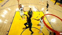 Jun 13, 2022; San Francisco, California, USA; Golden State Warriors guard Stephen Curry (30) shoots the ball in game five of the 2022 NBA Finals against the Boston Celtics at Chase Center. Mandatory Credit: Jed Jacobsohn/Pool Photo-USA TODAY Sports