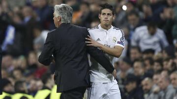 l r Carlo Ancelotti James Rodriguez Real November 4 2014 Football Soccer UEFA Champions League Group B Match between Real Madrid 1 0 Liverpool FC AT Santiago Bernabeu Stage in Madrid Spain NOxTHIRDxPARTYxSALES PUBLICATIONxINxGERxSUIxAUTxHUNxPOLxRUSxSWExFRAxNEDxESPxONLY