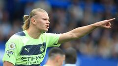 Manchester City's Norwegian striker Erling Haaland gestures during the English Premier League football match between Everton and Manchester City at Goodison Park in Liverpool, north west England on May 14, 2023. (Photo by Lindsey Parnaby / AFP) / RESTRICTED TO EDITORIAL USE. No use with unauthorized audio, video, data, fixture lists, club/league logos or 'live' services. Online in-match use limited to 120 images. An additional 40 images may be used in extra time. No video emulation. Social media in-match use limited to 120 images. An additional 40 images may be used in extra time. No use in betting publications, games or single club/league/player publications. / 