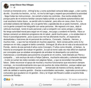 Jorge Roa se suicida en su domicilio tras su renuncia a la alcaldía de la comuna de Florida