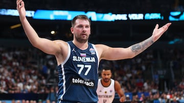 10 September 2025, Latvia, Riga: Basketball: European Championship, Germany - Slovenia, knockout round, quarter-finals, Luka Doncic (Slovenia) reacts. Photo: Matthias Stickel/dpa (Photo by Matthias Stickel/picture alliance via Getty Images)