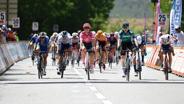 ROQUEFORT-SUR-SOULZON, FRANCE - JUNE 17: Roger Adriá Oliveras of Spain and Team Equipo Kern Pharma celebrates at finish line as stage winner ahead of Michael Valgren Andersen of Denmark and Team EF Education - Easypost, Max Kanter of Germany and Movistar Team, Michael Woods of Canada and Team Israel - Premier Tech and Julien Simon of France and Team Total Energies during the 46th La Route d'Occitanie - La Depeche du Midi 2022 - Stage 2 a 34,3km stage from Belmont-sur-Rance to Roquefort-sur-Soulzon 461m / #RDO2022 / Stage shortened due to the high temperatures / on June 17, 2022 in Roquefort-sur-Soulzon, France. (Photo by Dario Belingheri/Getty Images)