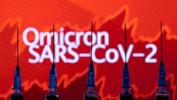 FILE PHOTO: Syringes with needles are seen in front of a displayed stock graph and words "Omicron SARS-CoV-2" in this illustration taken November 27, 2021. REUTERS/Dado Ruvic/Illustration/File Photo
