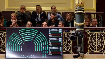 MADRID, 10/10/2024.- Una pantalla muestra el resultado de la votación delante de la tribuna de invitados en el Congreso de los Diputados desde la que asiste el exjugador y exentrenador Juan Carlos Unzué (d), enfermo de ELA. El Congreso ha aprobado "por fin" la ley ELA, que servirá de "punta de lanza" a otras enfermedades similares, con el consenso de toda la Cámara que ha urgido ahora al Gobierno a que le dedique una dotación suficiente y elabore en el plazo de un año un "buen" reglamento que concrete el conjunto de beneficiarios.EFE/ Sergio Pérez