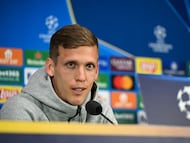 Barcelona's Spanish midfielder #20 Dani Olmo addresses a press conference, a day prior to the UEFA Champions League semi final second leg football match betweem Inter Milan and FC Barcelona, at the San Siro stadium in Milan on May 5, 2025. (Photo by Piero CRUCIATTI / AFP)