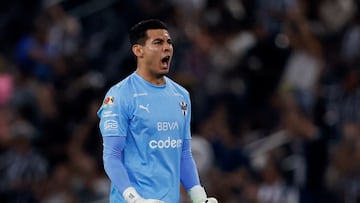 Soccer Football - Liga MX - Monterrey v Leon - Estadio BBVA, Monterrey, Mexico - February 14, 2026 Monterrey's Luis Cardenas celebrates their first goal scored by Sergio Canales REUTERS/Daniel Becerril