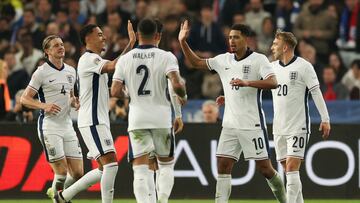 Soccer Football - Nations League - Group Stage - Greece v England - Athens Olympic Stadium, Athens, Greece - November 14, 2024 England's Jarrod Bowen, England's Conor Gallagher, England's Jude Bellingham and England's Morgan Rogers celebrate their second goal an own goal scored by Greece's Odisseas Vlachodimos Action Images via Reuters/Paul Childs