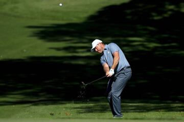 Lee Westwood of Europe plays a shot on the third hole during singles matches of the 2016 Ryder Cup at Hazeltine National Golf Club on October 2, 2016 in Chaska, Minnesota.