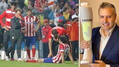 Tiago, tendido en el suelo durante la final Real Madrid-Atl&eacute;tico, junto a Villa, Mario y el profe Ortega; a la derecha, las medias ProSocks.