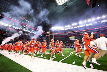 ARLINGTON, TEXAS - DECEMBER 29: The Clemson Tigers take the field before the College Football Playoff Semifinal Goodyear Cotton Bowl Classic against the Notre Dame Fighting Irish at AT&T Stadium on December 29, 2018 in Arlington, Texas.