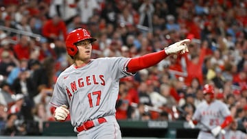May 3, 2023; St. Louis, Missouri, USA; Los Angeles Angels starting pitcher Shohei Ohtani (17) reacts after scoring against the St. Louis Cardinals during the ninth inning at Busch Stadium. Mandatory Credit: Jeff Curry-USA TODAY Sports