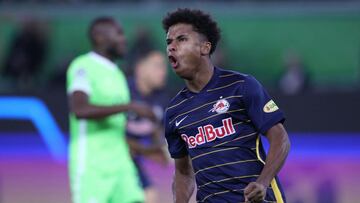 Salzburg&#039;s German forward Karim Adeyemi reacts during the UEFA Champions League group G football match VfL Wolfsburg v FC Salzburg.