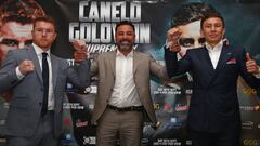 Canelo &Aacute;lvarez, &Oacute;scar de la Hoya y Gennady Golovkin, durante la rueda de prensa de presentaci&oacute;n del primer Canelo vs Golovkin.