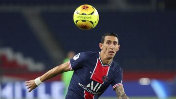 PSG's Angel Di Maria controls the ball during his League One soccer match between Paris Saint Germain and Bordeaux, at the Parc des Princes stadium in Paris, France, Saturday, Nov. 28, 2020. (AP Photo/Thibault Camus)