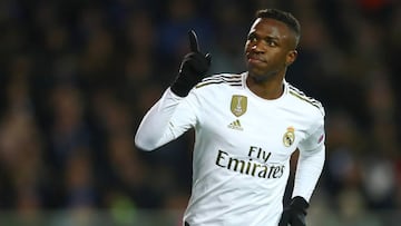 BRUGGE, BELGIUM - DECEMBER 11: Vinicius Junior of Real Madrid celebrates after scoring his team&#039;s second goal during the UEFA Champions League group A match between Club Brugge KV and Real Madrid at Jan Breydel Stadium on December 11, 2019 in Brugge,