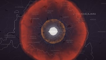 Imagen de la simulación llevada a cabo por el Nuclear Bomb Blast Simulator, proyecto de la Outrider Foundation, sobre el impacto de una bomba en Madrid