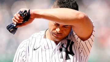 NEW YORK, NEW YORK - MAY 21: Giancarlo Stanton #27 of the New York Yankees reacts after hitting a single during the fifth inning against the Chicago White Sox at Yankee Stadium on May 21, 2022 in the Bronx borough of New York City. (Photo by Sarah Stier/Getty Images)