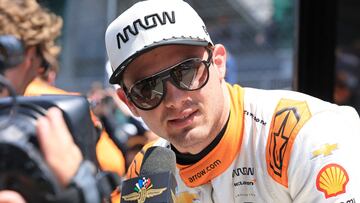 INDIANAPOLIS, INDIANA - MAY 23: Pato O'Ward, driver of the #5 Arrow McLaren Chevrolet, is interviewed during the Carb Day practice prior to the 109th Running of the Indianapolis 500 at Indianapolis Motor Speedway on May 23, 2025 in Indianapolis, Indiana.   Justin Casterline/Getty Images/AFP (Photo by Justin Casterline / GETTY IMAGES NORTH AMERICA / Getty Images via AFP)