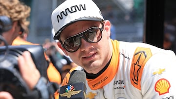 INDIANAPOLIS, INDIANA - MAY 23: Pato O'Ward, driver of the #5 Arrow McLaren Chevrolet, is interviewed during the Carb Day practice prior to the 109th Running of the Indianapolis 500 at Indianapolis Motor Speedway on May 23, 2025 in Indianapolis, Indiana. Justin Casterline/Getty Images/AFP (Photo by Justin Casterline / GETTY IMAGES NORTH AMERICA / Getty Images via AFP)