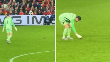 Real Madrid goalkeeper Thibaut Courtois ejects a rat from the pitch in bizarre moment