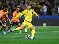 Soccer Football - Saudi Pro League - Al Fayha v Al Nassr - Al-Majma'ah Sports City Stadium, Al Majma'ah, Saudi Arabia - February 28, 2026 Al Nassr's Cristiano Ronaldo fails to score from the penalty spot REUTERS/Stringer