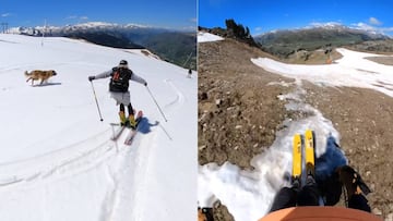 El esquiador de la Val d&#039;Aran, junto a un perro y su colega Ivo Lerma, publican un v&iacute;deo esquiando sobre la nieve que resiste... y sobre tierra. En Baqueira Beret.