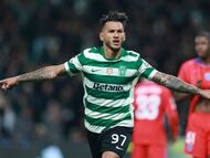 Sporting Lisbon's Colombian forward #97 Luis Suarez celebrates scoring the opening goal during the UEFA Champions League league phase day 7 football match between Sporting CP and Paris Saint Germain at Jose Alvalade stadium in Lisbon on January 20, 2026. (Photo by PATRICIA DE MELO MOREIRA / AFP)