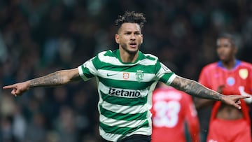 Sporting Lisbon's Colombian forward #97 Luis Suarez celebrates scoring the opening goal during the UEFA Champions League league phase day 7 football match between Sporting CP and Paris Saint Germain at Jose Alvalade stadium in Lisbon on January 20, 2026. (Photo by PATRICIA DE MELO MOREIRA / AFP)
