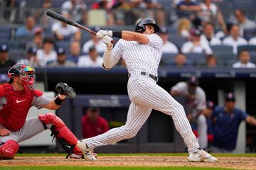 Jul 17, 2022; Bronx, New York, USA; New York Yankees right fielder Joey Gallo (13) hits a two run home run against the Boston Red Sox during the seventh inning at Yankee Stadium. Mandatory Credit: Gregory Fisher-USA TODAY Sports