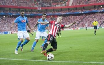 Muniain durante el partido de vuelta de la fase previa de la Liga de Campeones que se disputa esta tarde en el estadio de San Mamés, en Bilbao. 