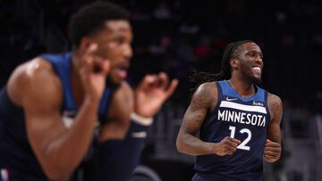 DETROIT, MICHIGAN - FEBRUARY 03: Taurean Prince #12 of the Minnesota Timberwolves celebrates during the second half with Malik Beasley #5 while playing the Detroit Pistons at Little Caesars Arena on February 03, 2022 in Detroit, Michigan. NOTE TO USER: User expressly acknowledges and agrees that, by downloading and or using this photograph, User is consenting to the terms and conditions of the Getty Images License Agreement.   Gregory Shamus/Getty Images/AFP
== FOR NEWSPAPERS, INTERNET, TELCOS & TELEVISION USE ONLY ==