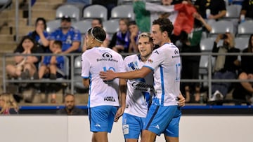 Aug 5, 2025; Montreal, QC, Canada; Puebla FC forward Ricardo Marin (19) celebrates with teammate forward Emiliano Gomez (11) after scoring a goal against CF Montreal during the second half at Stade Saputo. Mandatory Credit: Eric Bolte-Imagn Images