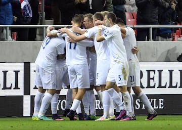 Slovakia's player's celebrate Robert Mak's second goal in their 3-0 win over Scotland.