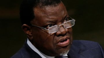FILE PHOTO: President Hage Geingob of Namibia addresses attendees during the 70th session of the United Nations General Assembly at the U.N. Headquarters in New York, September 29, 2015. REUTERS/Carlo Allegri/File Photo